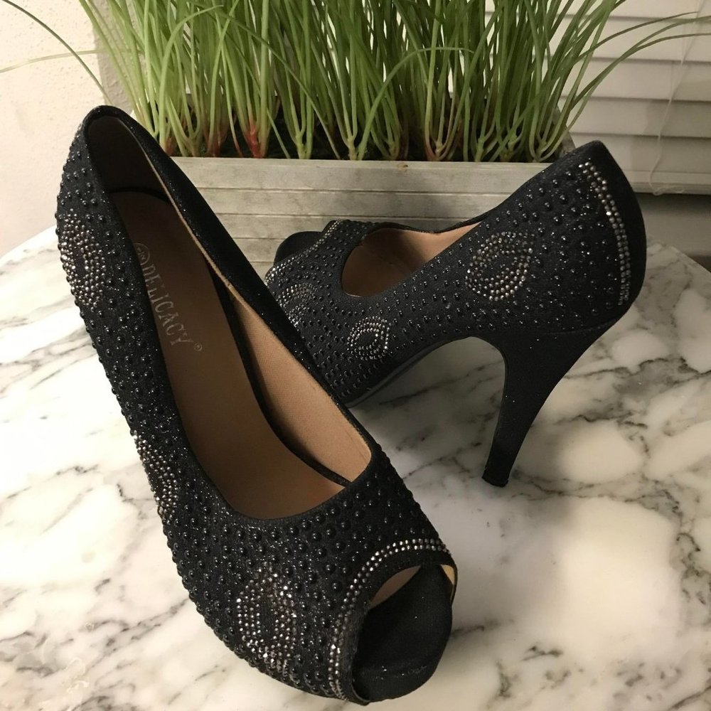 Delicacy High Heels Black Glitter Platform Stiletto